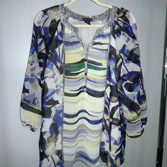 New Direction watercolor print 1/2 button tunic top Sz XL leopard print trim - Picture 1 of 8
